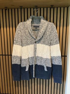 Tommy Hilfiger Shawl Collar Striped Knit Cardigan - Navy, Cream & Gray